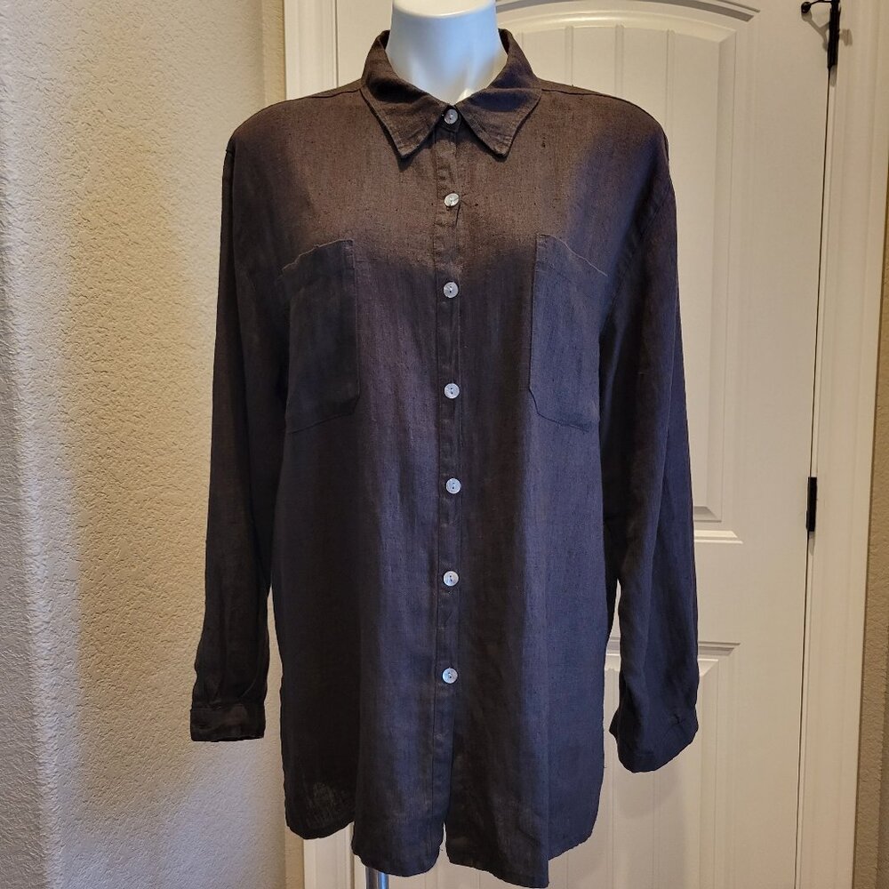 Chico's Design Shirt Tunic Size 3 XL 16 Dark Brown Turkish Linen Button Long Slv
